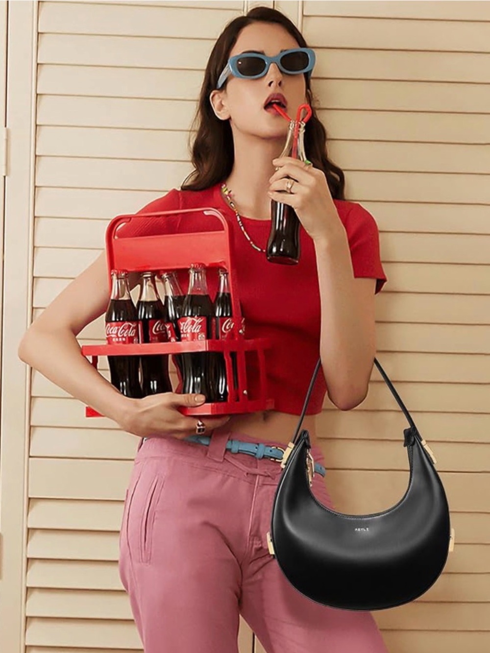Crescent Hobo Bag Black PU Leather Gold Accents Keyli Shoulder Purse Clutch Tote